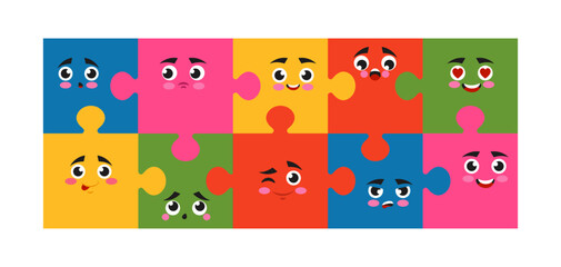 Abstract puzzles. Cartoon face emotions, cute happy doodle people, head and shape of laugh persons. Teamwork symbol. Jigsaw isolated color pieces. Comic facial expressions. Vector tidy illustration
