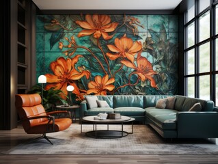 Elegance Unveiled: Tranquil Blue Decorative Mural in a Contemporary Living Room