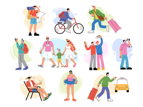 Travel persons. Summer tourism. People walk with baggage. Tourist family characters. Beach rest. Photo camera. Woman on bicycle. Man hurrying with luggage. Taxi order. Hiking map. Vector travelers set