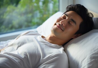 Obraz na płótnie Canvas Serene Slumber: Man Resting Peacefully in a White Bed