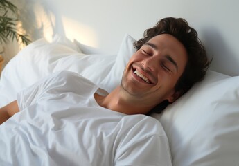 Serene Slumber: Man Resting Peacefully in a White Bed