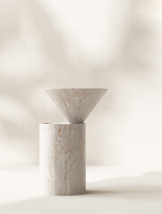 Close up modern cone white marble side table podium in sunlight, leaf shadow on beige wall. Luxury...