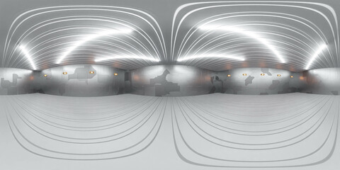 360 degree full panorama environment map of of a spacious room illuminated by numerous ceiling lights 3d render illustration