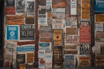  image of a New York City wall with fictional old gig posters at different angles plastered all...