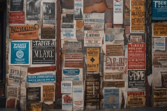  image of a New York City wall with fictional old gig posters at different angles plastered all over it. The posters are old and worn and ripped and distressed