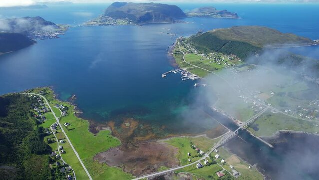 Aerial view of Islands attached by bridges in the Fjords of Norway - Stokksund - Blikkv&aring;gane - Runde - Rem&oslash;ya - Leinoya