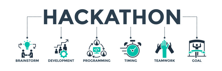 Hackathon banner web icon concept for design sprint-like social coding event with icon of brainstorm, development, programming, timing, speed, teamwork, and goal. Vector illustration 