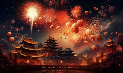 Chinese dragon, temple and fireworks - obrazy, fototapety, plakaty