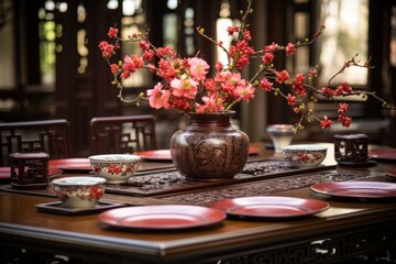 Naklejka na ściany i meble Opulent Dining: Elaborate Table Setting with Decorative Pieces and Red Flowers