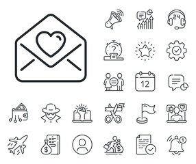 Heart mail sign. Salaryman, gender equality and alert bell outline icons. Love letter line icon. Valentine day symbol. Love letter line sign. Spy or profile placeholder icon. Vector
