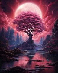 Beautiful pink sakura tree under the moon - obrazy, fototapety, plakaty