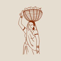 Indian woman selling vegetable vector, hand-drawn illustration.