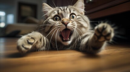 AI illustration of a cat with a wide-eyed expression, stretching its paws and baring its teeth.