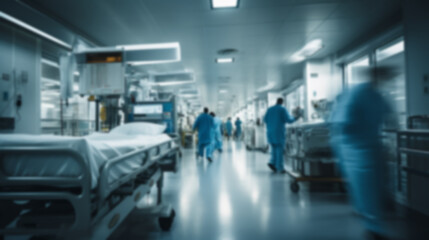 Blurred figures of people with medical uniforms transporting a patient to surgery - obrazy, fototapety, plakaty