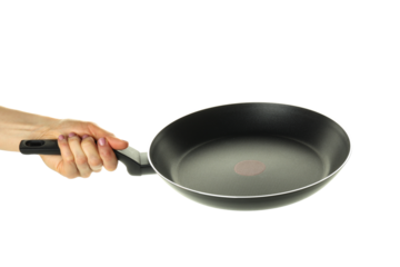 PNG, Frying pan with non-stick coating in hand, isolated on white background