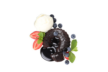 PNG, Chocolate fondant with berries and ice cream, isolated on white background, top view