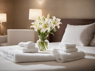Fototapeta na wymiar White towels with white lily in a hotel bedroom in Sunny Beach, Bulgaria. Generative Ai