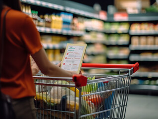 A woman pushes a shopping cart full of products and hand holding a shopping list. The background is a blurred product shelf.