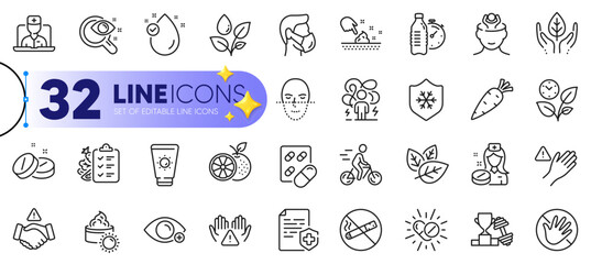 Outline set of Do not touch, Cyclist and Capsule pill line icons for web with Dont handshake, Medical mask, Dont touch thin icon. Leaves, Clean skin, Sun cream pictogram icon. Vector