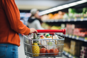 A woman pushes a shopping cart full of products and hand holding a shopping list. The background is a blurred product shelf. - obrazy, fototapety, plakaty