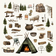 Large set of Camping equipment. Items for summer camping, trekking. Travel supplies icons for outdoor base camp. Backpack, campfire, tent, pointers, bowler hat. Isolated flat