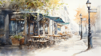 light watercolor, outside of a coffeeshop, bright, white background, few details and dreamy