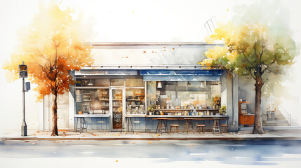 light watercolor, outside of a coffeeshop, bright, white background, few details and dreamy