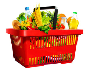 Plastic red shopping basket full of assorted grocery products isolated on white or transparent  background