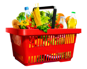 Plastic red shopping basket full of assorted grocery products isolated on white or transparent  background