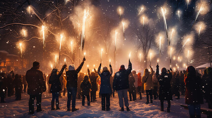 Fototapeta na wymiar many people holding sparklers in winter park, christmas and new year theme celebrating
