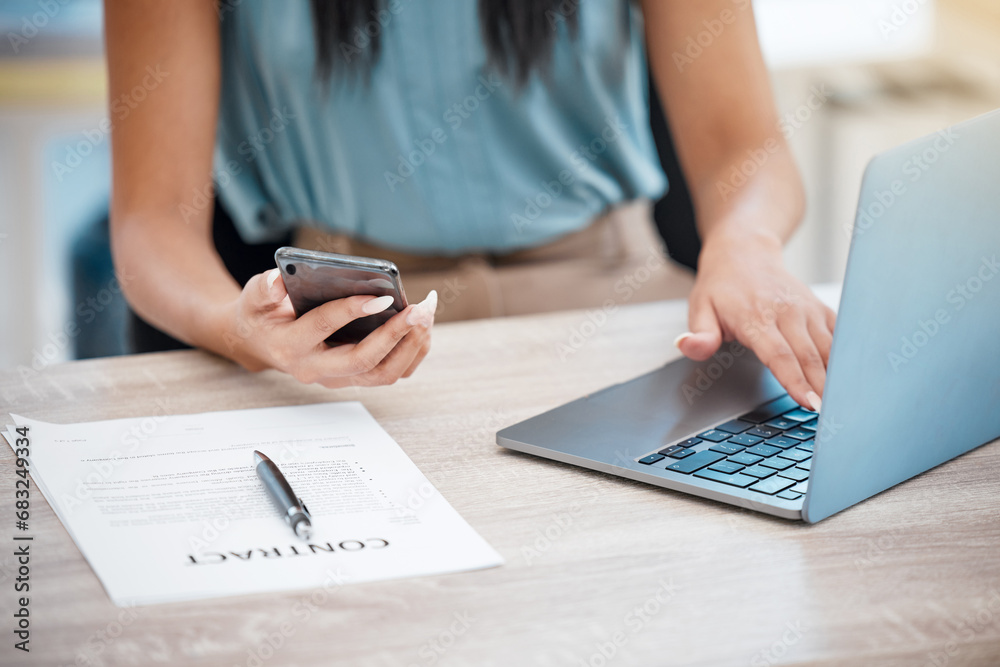 Poster hands, phone and contract with a business woman at a desk in her office for communication or network