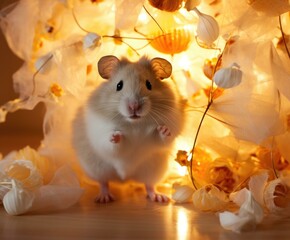A  hamster with sunflower seed-filled cheeks peeks out from a cozy shredded paper burrow in a playful garden. Generative AI.