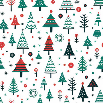 Christmas Seamless pattern with cute Santa Claus and reindeers. Christmas ornament with candy cane, holly leaves, cookies, toys, ho ho ho lettering. Holiday background, wrapping paper in cartoon style