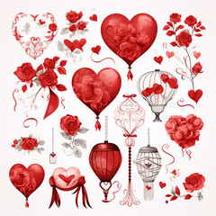 valentine icon cliparts with cute heart and valentine element simple Holiday background, wrapping paper in cartoon style