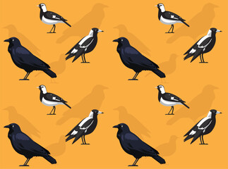 Bird Australian Raven Magpie Lark Cartoon Cute Seamless Wallpaper Background