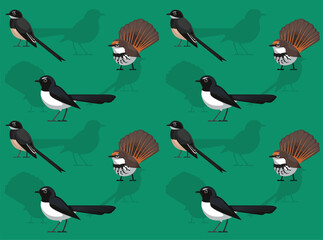 Bird Fantail Wagtail Cartoon Cute Seamless Wallpaper Background