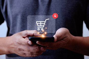 person hand using smartphone for shopping online, buy in online shop by mobile smart phone app, with shopping cart icon, sale volume increase make business growth and shopping online concept. - obrazy, fototapety, plakaty