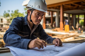 Asian Builder at Construction Site with Paperwork