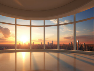 an empty office. a big round window with a view of the city.  sunset