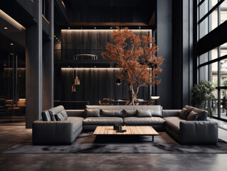modern Luxury lobby interior, dark. black leather sofa - obrazy, fototapety, plakaty