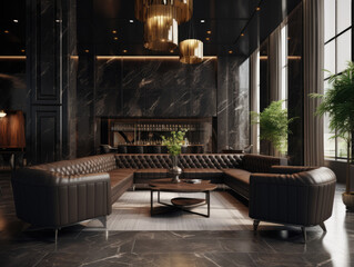 modern Luxury lobby interior, dark. leather sofa