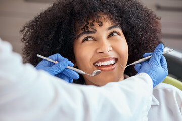 Woman, dentist or cleaning tools of teeth, consultation or examination in chair at surgery. Female, patient and smile in checkup for oral hygiene, mouth and gum healthcare with orthodontist in office
