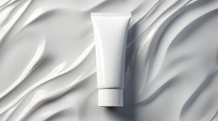 White plastic tube of moisturizer on white background. Flat lay, top view, copy space. - obrazy, fototapety, plakaty