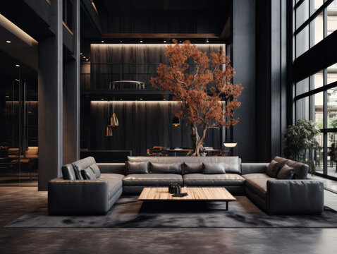 modern Luxury lobby interior, dark. black leather sofa