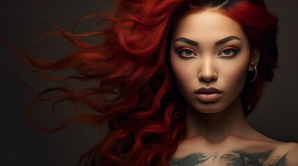 Young beautiful asian woman with long wavy red hair.