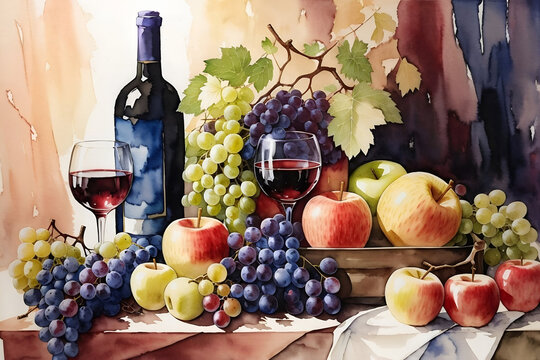Watercolor still life with apples, grapes, and wine.