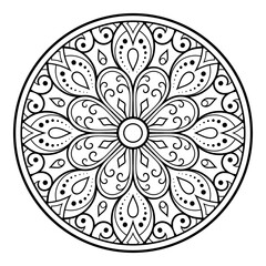 Circular pattern in form of mandala with flower for Henna, Mehndi, tattoo, decoration. Decorative ornament in ethnic oriental style. Outline doodle hand draw vector illustration.