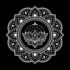 Circular pattern in form of mandala with Lotus flower for Henna, Mehndi, tattoo, decoration. Decorative ornament in ethnic oriental style. Outline doodle hand draw vector illustration.