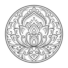 Lotus mehndi flower pattern for Henna drawing and tattoo. Decoration in oriental, Indian style. Doodle ornament. Outline hand draw vector illustration.