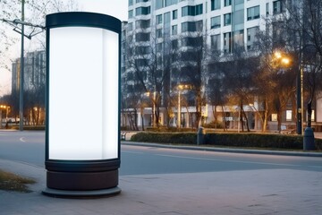 Blank outdoor advertising column outdoors. Mockup outdoor advertising. Public information board in the city.